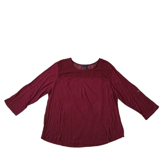 Rue21 Plus Size Stretchy Maroon Red Roll Tab Sleeve Mesh Shoulder Top Women's 3X - Picture 1 of 12